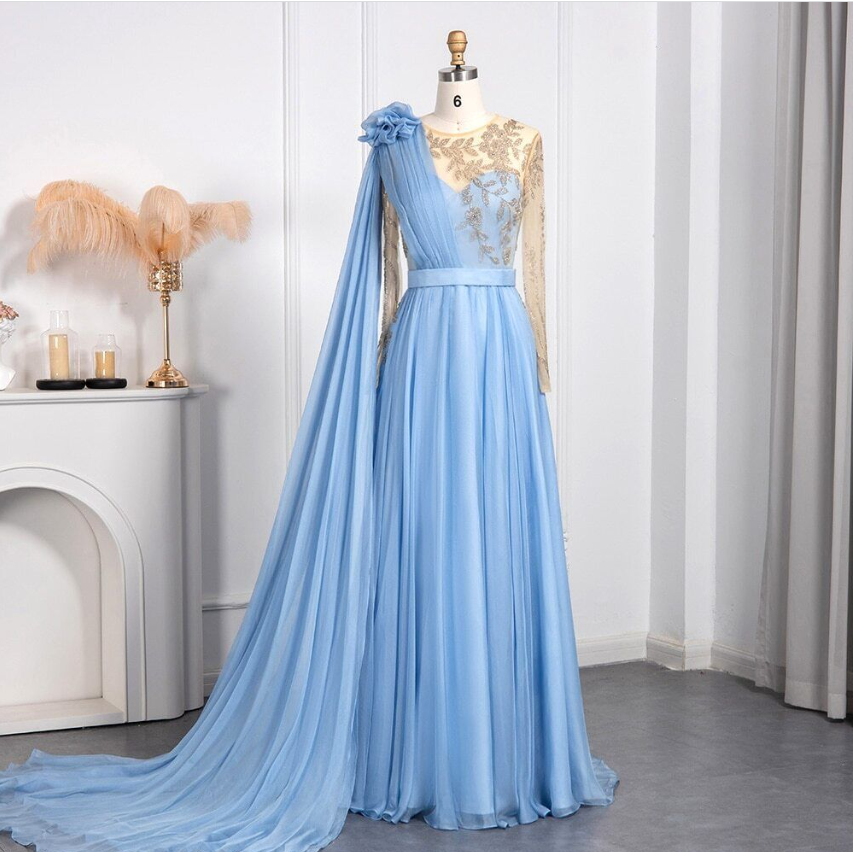 Luxury Beaded Dubai Blue Evening Dresses Wedding Guest Elegant Arabic Party Gown