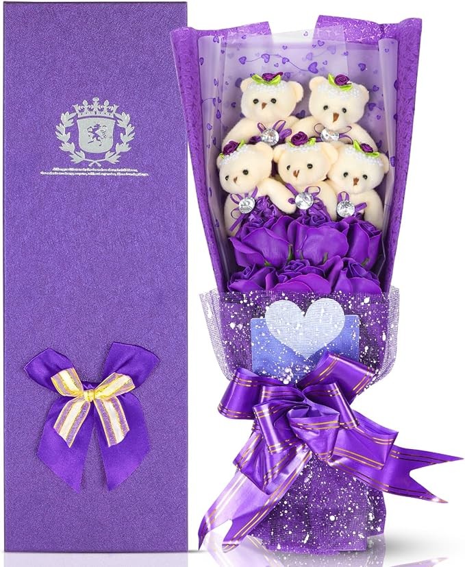 Erweicet Valentines Day Gifts for Her Flower Bear with Box Rose Teddy Bear Valentines Day Gifts for Girls(Purple)