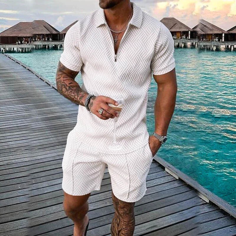 Mens Summer Outfit 2-Piece Set Short Sleeve POLO Shirts and Shorts Set